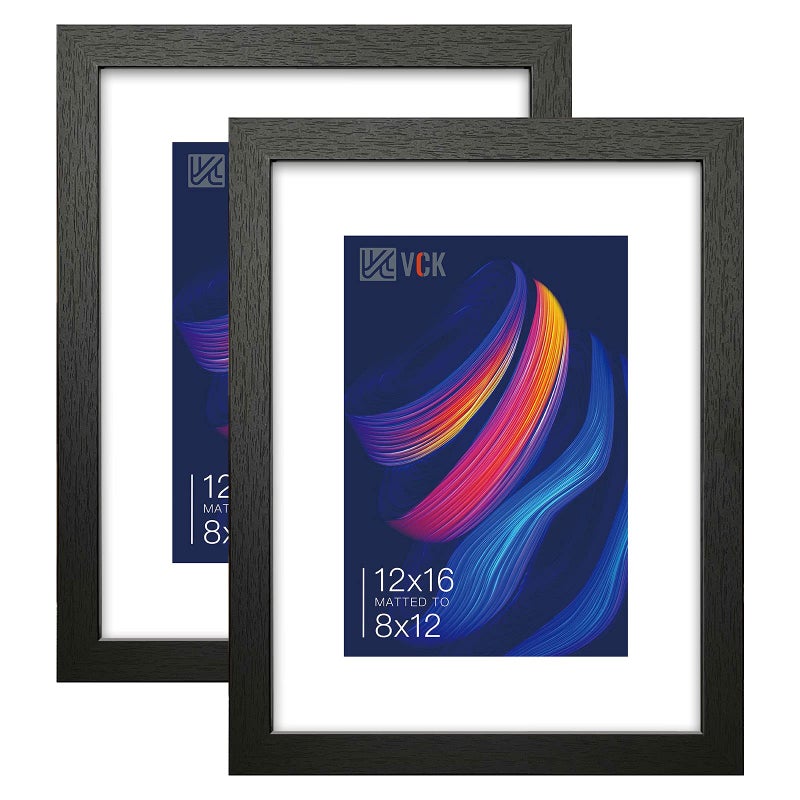 VCK 1216 Picture Frame Black Set of 2 for Display Picture 8x12 with Mat or 1216 without Mat Poster Frame Made of MDF Wood and Tempered Glass Black