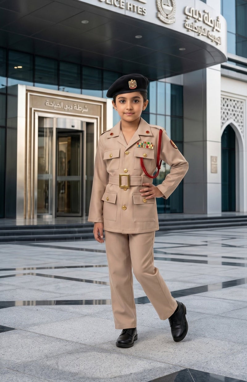 زي ضابط شرطة الإمارات بجودة عالية باللون البني/الكاكي للأطفال (للجنسين)، مثالي للعب الأدوار والحفلات التنكرية - Image 2