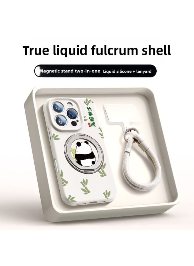 Generic - Suitable For Iphone15plus Mobile Phone Case For Iphone 12 Liquid Silicone 13 Super Fire 16promax Fulcrum 14-Color:Ll419 Bamboo Everything Goes Smoothly [yuanfeng Blue·lanyard] True Liquid ★ Built-in Bracket ★ Magsafe Magnetic Suction-Applicable Models:For Iphone16pro - Image 1