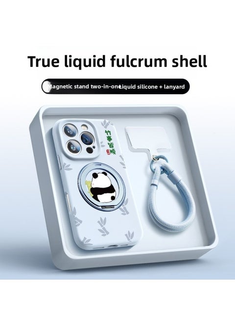 Suitable For Iphone15plus Mobile Phone Case For Iphone 12 Liquid Silicone 13 Super Fire 16promax Fulcrum 14-Color:Ll419 Bamboo Everything Goes Smoothly [yuanfeng Blue·lanyard] True Liquid ★ Built-in Bracket ★ Magsafe Magnetic Suction-Applicable Models:For Iphone16pro