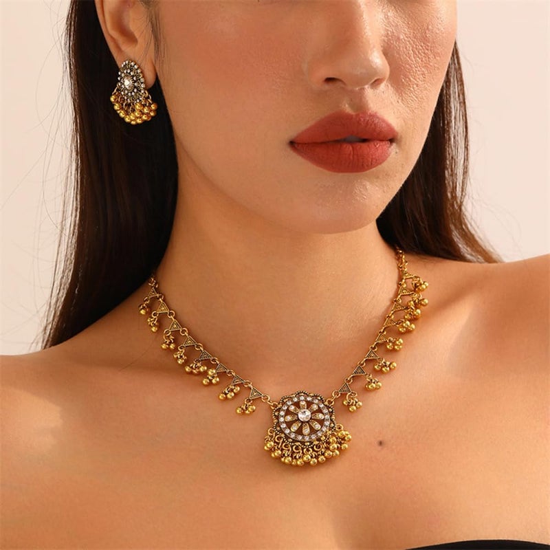 OIDIMS Bohemian Flower Earrings Pendant Necklace Jewelry Set Wedding Party Imitation Cubic Zirconia Choker Drop Dangling Tassel Bollywood Cocktail Party Birthday Xmas Valentine's Day Jewelry Gifts for Women - Image 2