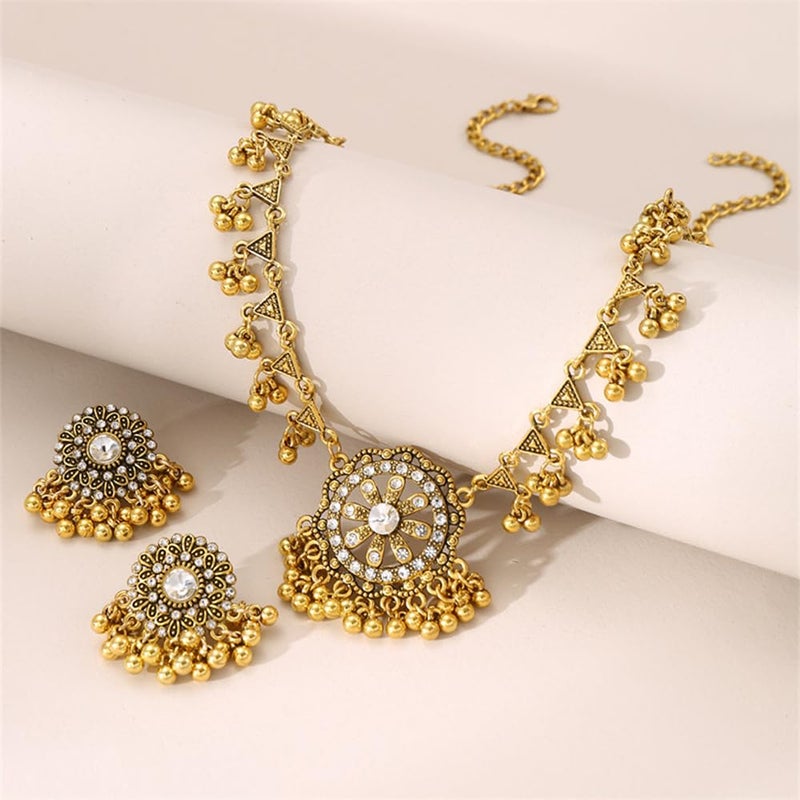 OIDIMS Bohemian Flower Earrings Pendant Necklace Jewelry Set Wedding Party Imitation Cubic Zirconia Choker Drop Dangling Tassel Bollywood Cocktail Party Birthday Xmas Valentine's Day Jewelry Gifts for Women - Image 3