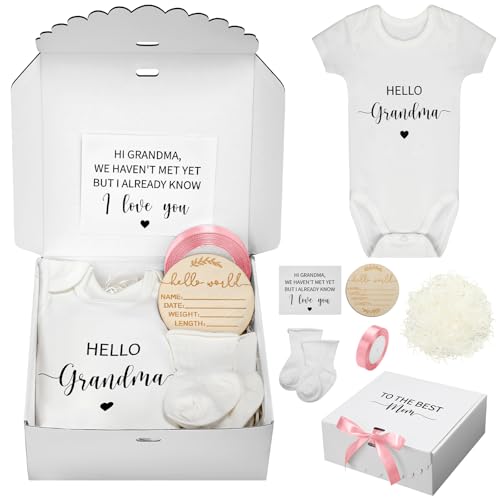 Shyyween 7 Pcs Pregnancy Announcements for Grandma Surprise Baby Announcement Gifts Set Include Bodysuit Pregnancy Reveal Card Socks Ribbon Wood Sign Coming Soon Baby Reveal Ideas for Grandparents - Image 1