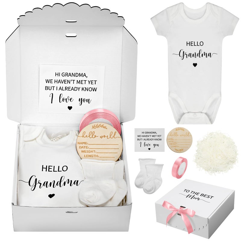 Shyyween 7 Pcs Pregnancy Announcements for Grandma Surprise Baby Announcement Gifts Set Include Bodysuit Pregnancy Reveal Card Socks Ribbon Wood Sign Coming Soon Baby Reveal Ideas for Grandparents - Image 2
