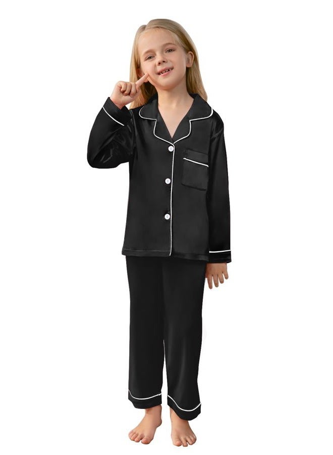 Schbbbta Kids Satin Pajamas, 2 Pcs Sleepwear Short Sleeve Silk Satain Summer Pajama Set for Teen Girls and Boys, Black, 9-10 Years = Tag 150 - Image 2