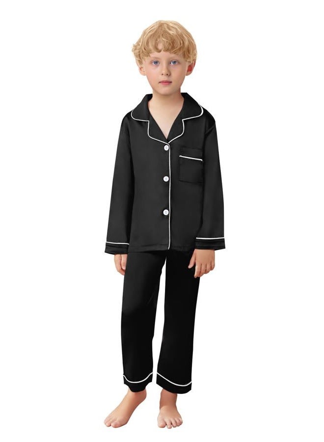 Schbbbta Kids Satin Pajamas, 2 Pcs Sleepwear Short Sleeve Silk Satain Summer Pajama Set for Teen Girls and Boys, Black, 9-10 Years = Tag 150 - Image 3