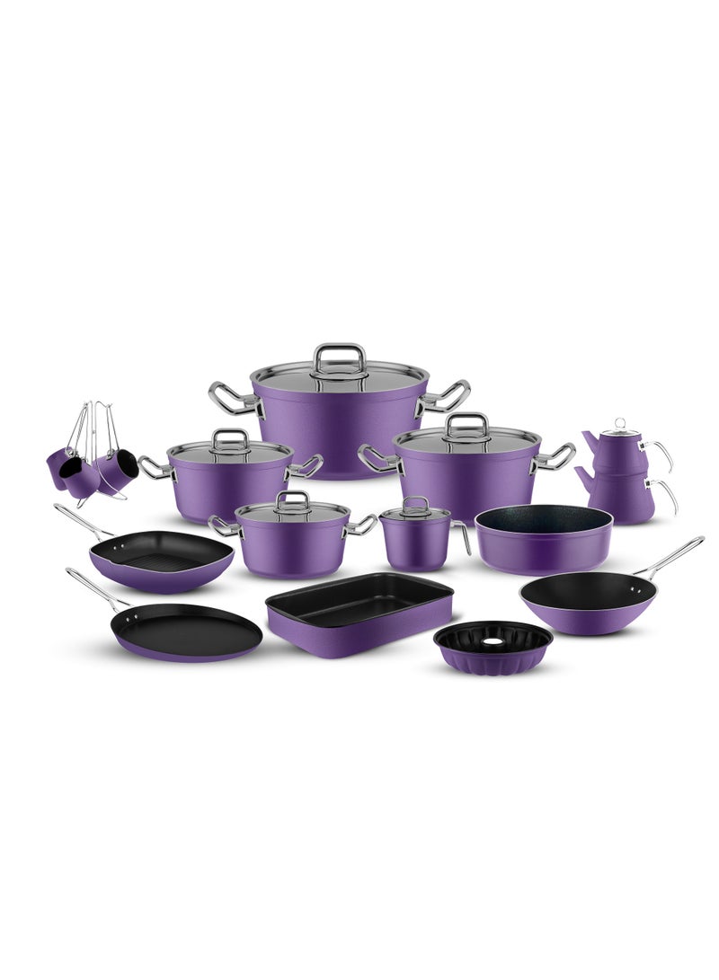لاينس طقم حلل جرانيت تيفال تركي من لاينز – Lines – طقم 24 قطعة – غطاء ستانلس – مناسب لجميع البوتاجازات – منشأ تركي طقم حلل جرانيت تركي لاينز Lines – طقم 24قطعة – مقاسات 18/20/24/28 + طاسة 26 + ووك 28 + كسرولة 16 + صينية فرن 34.5 سم + جريل مقاس 28 + براد كبير + براد صغير 4 كنكات ستاند – غطاء ستانلس – 8 ألوان - لون Purple