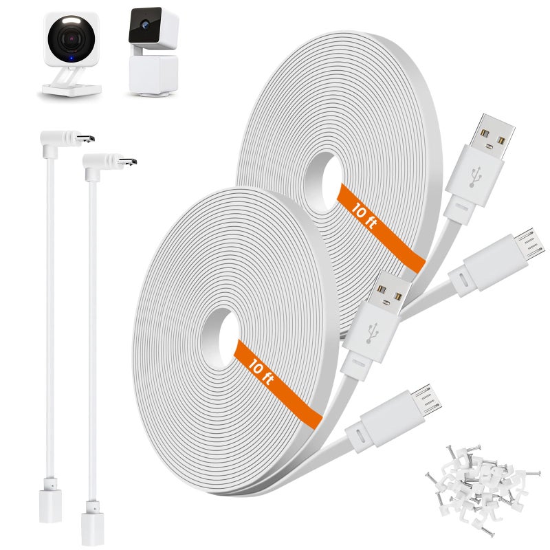 weishan 2-Pack 10ft Power Extension Cable Compatible with Wyze Cam v4, Wyze Cam Pan v3, Wyze OG, v3 and v3 Pro Security Cameras - 3m Long Flat USB to Micro USB Charging Cord with L-Shaped Adapter, White - Image 1