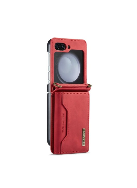 M2 Folding Case For Samsung Z Flip5 Card Wallet Phone Case Z Flip4 Shoulder Strap Card Holder Protective Leather Case-Color:Red (without Shoulder Strap)-Applicable Model:Z Flip 3