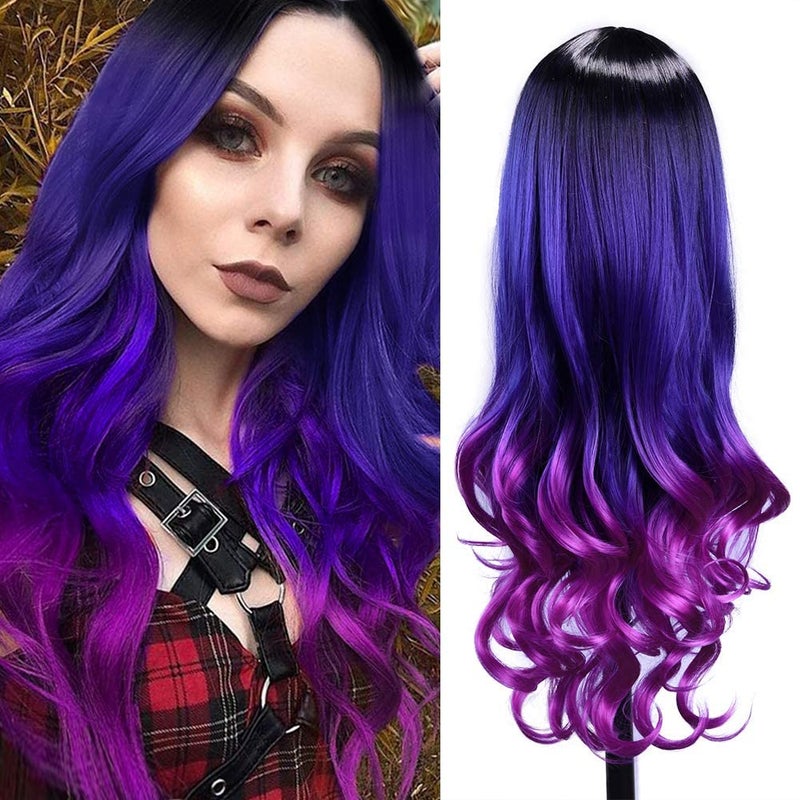 HANNE 3 Tone Ombre Color Long Rainbow Mermaid Wig  Black to Blue to Purple Hair Heat Resistant Dark Root Synthetic Curly Colored Wigs for Women Cosplay Daily Party 1BBluePurple