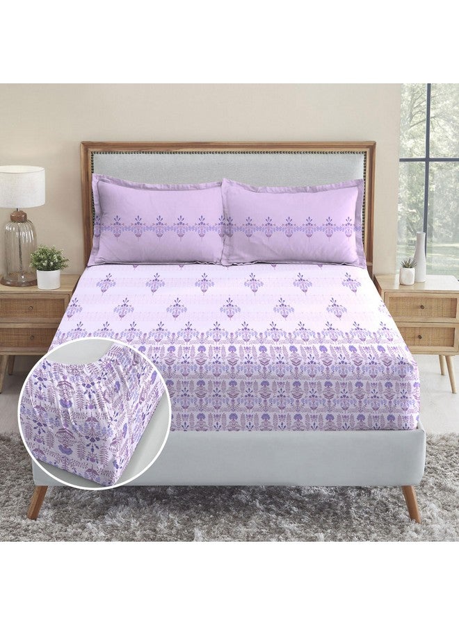 Trident Soft Comfort Fittedsheet for Double Bed, 210 TC 100% Cotton Elastic Fitted Bedsheet, Soft and Breathable, King Size Fitted Bedsheet with 2 Pillow Covers - Lilac Affair - Image 2