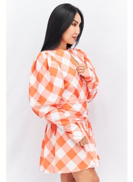 John Zack Women Gingham Print Mini Dress, Orange  - Image 2