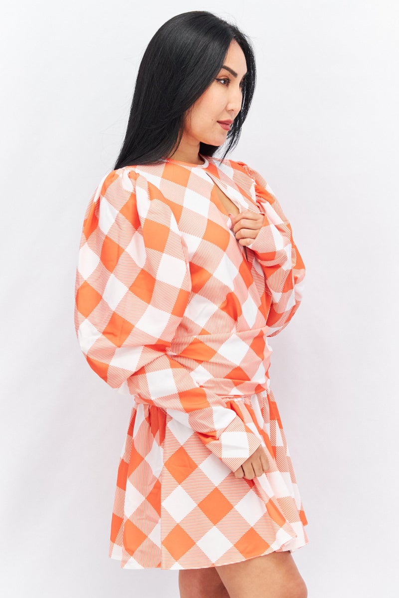 John Zack Women Gingham Print Mini Dress, Orange - Image 2