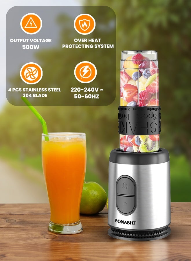 سوناشي خلاط رياضي محمول | 500 واط | مع زجاجة رياضية غير قابلة للانزلاق | 400 مل + 570 مل | صانع سموذي بزر واحد مع 1 × 400 مل، 1 × 570 مل زجاجة رياضية، هيكل من الفولاذ المقاوم للصدأ | جهاز مطبخ SB-184 أسود/فضي/شفاف - Image 4
