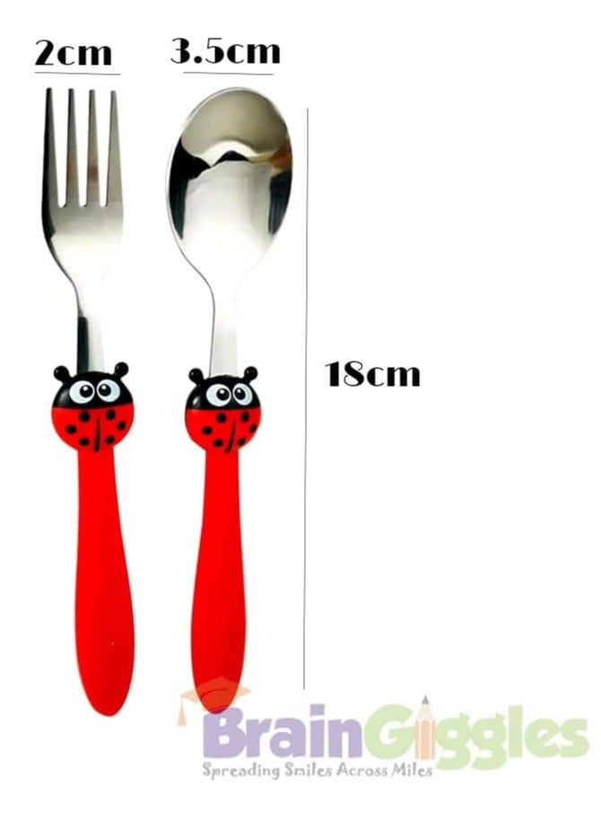 BrainGiggles BrainGiggles Kids Cutlery Set, Lightweight Stainless Steel Spoon and Fork Flatware for Children with Rounded Edges, BPA-free Fun Animal Handles with Non-Slip Grip, Toddler Children Tableware (Red) - Image 2