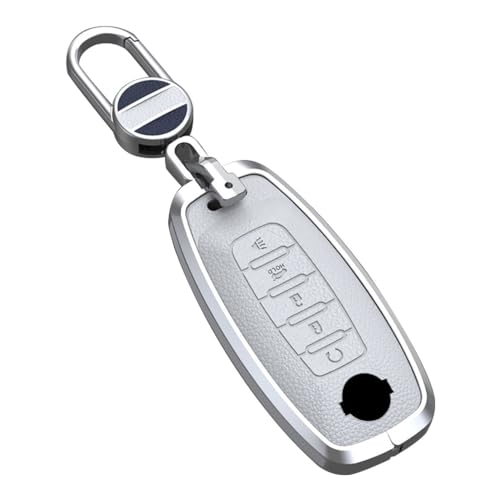 ontto 5button Key Cover Fit for Nissan 2023 2024 Key Fob Metal and Leather Key Protector Key Fob Housing for Rogue Pathfinder Xtrail Versa Kicks Ariya Qashqai Teana White - Image 1