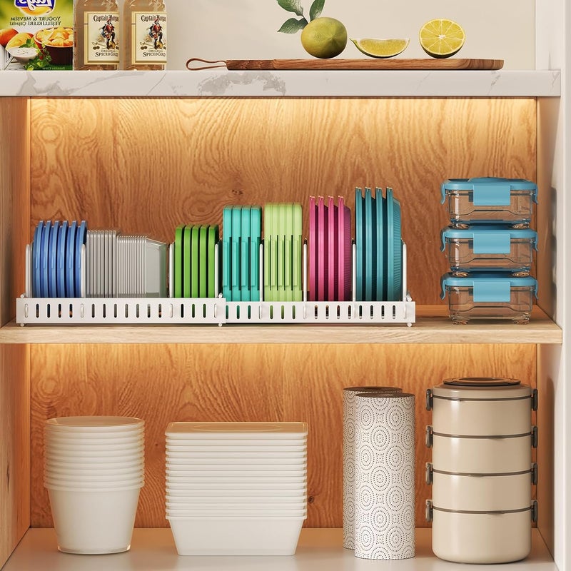 Xcosrack Expandable Food Container Lid Organizer,Large Capacity Adjustable 10 Dividers Detachable Lid Organizer Rack for Cabinets, Cupboards, Pantry Shelves, Drawers to Keep Kitchen Tidy,White - Image 2