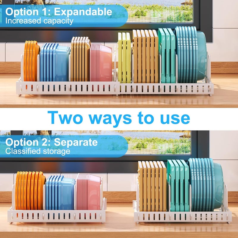 Xcosrack Expandable Food Container Lid Organizer,Large Capacity Adjustable 10 Dividers Detachable Lid Organizer Rack for Cabinets, Cupboards, Pantry Shelves, Drawers to Keep Kitchen Tidy,White - Image 4