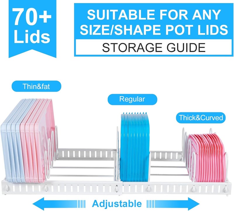 Xcosrack Expandable Food Container Lid Organizer,Large Capacity Adjustable 10 Dividers Detachable Lid Organizer Rack for Cabinets, Cupboards, Pantry Shelves, Drawers to Keep Kitchen Tidy,White - Image 3