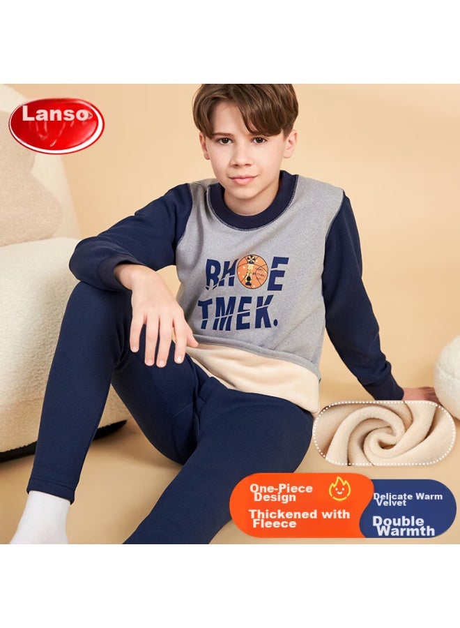 LANG SHA Langsha Children's Thermal Underwear, Boys' Autumn And Winter Fleece-lined Thickened Undershirt And Pants Set, For Older Children, Home Wear Pajamas, Size 130  - Image 1