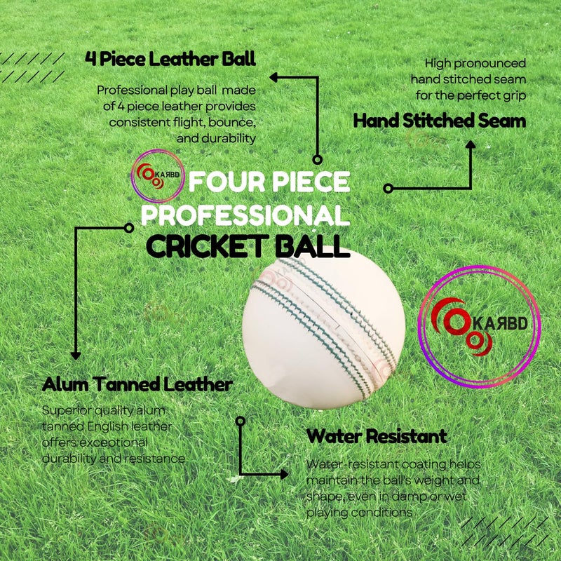 KARBD Cricket Ball Leather 4 Piece Professional Hand Stitching Seam Waterproof Coating Hard Season Ball for Practice and Tournament Club Matches (30 to 40 Overs, Academy White) - Image 3