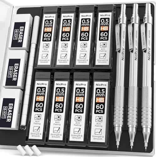 Nicpro 05 Mechanical Pencil Set with Case 3PCS MP1000 Metal Artist Pencil 8 Tube HB Lead Refills 05mm 3 Erasers9 Eraser Refills For Architect Writing Drafting Drawing Engineering Sketching - Image 1
