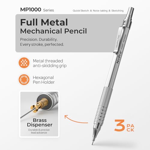 Nicpro 05 Mechanical Pencil Set with Case 3PCS MP1000 Metal Artist Pencil 8 Tube HB Lead Refills 05mm 3 Erasers9 Eraser Refills For Architect Writing Drafting Drawing Engineering Sketching - Image 3