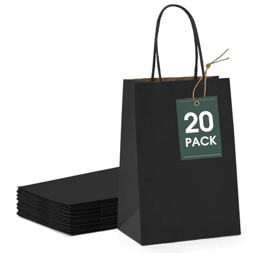 GSSUSA Kraft Paper Gift Bags 5.25x3.75x8'' 20 Pcs, Black Paper Bags with Handles, Bulk Kraft Gift Bag for Shopping, Craft, Grocery, Party, Retail, Lunch, Business, Wedding, Merchandise, Boutique - Image 1