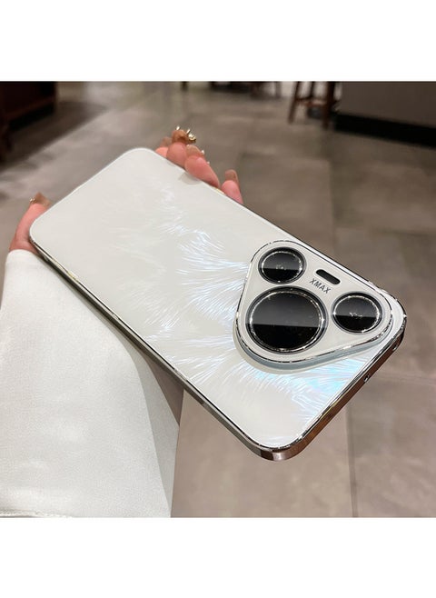 Aurora Feather Yarn For HuaweiPura70 Phone Case Drop-resistant Mte60pro All-inclusive Glory Magic7 Protective Case-Color:[pearl White] Comes With Lens Film☆Feather Glass Back Shell-Applicable Models:Honor Magic7pro