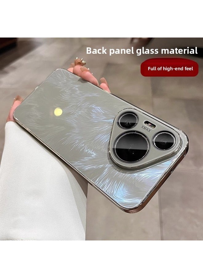 Aurora Feather Yarn For HuaweiPura70 Phone Case Drop-resistant Mte60pro All-inclusive Glory Magic7 Protective Case-Color:[pearl White] Comes With Lens Film☆Feather Glass Back Shell-Applicable Models:Honor Magic7pro