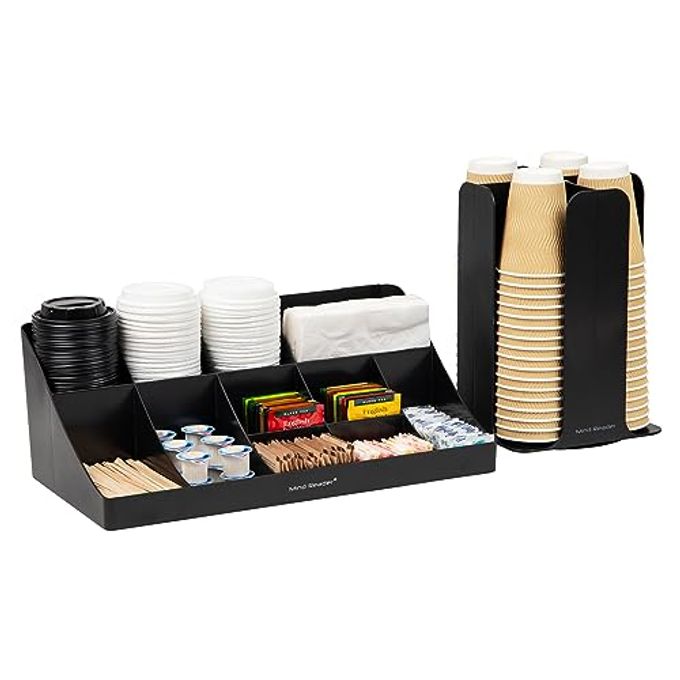 Mind Reader Cup Carousel and Condiment Organizer Set, Countertop Org, Coffee Bar, 7.75"L x 7.75"W x 11.5"H, 2 Pcs., Black