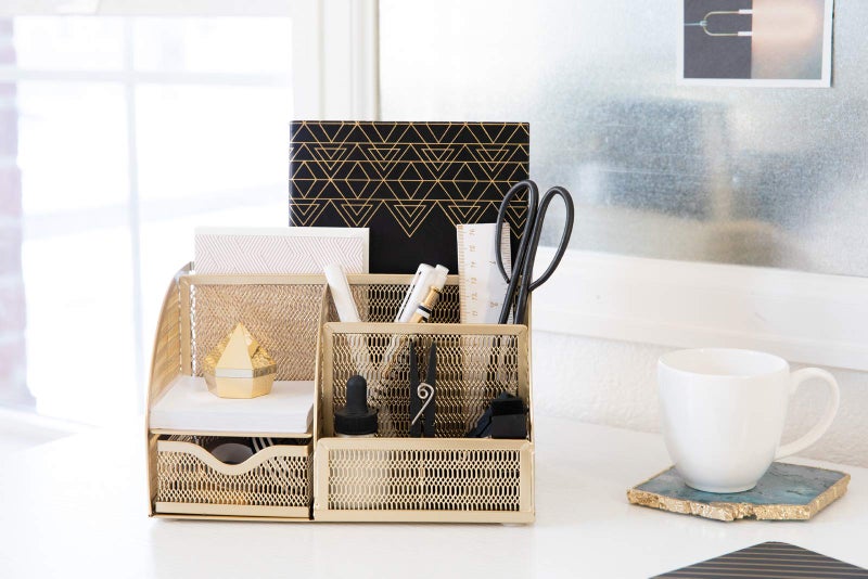Blu Monaco Gold Desk Organizer with Drawer - Gold Desk Accessories Small Desk Organizer Gold Pencil Holder for Desk Gold Office Accessories - Gold Desk Organizers and Accessories Gold Desk Caddy for Women Office - Image 2