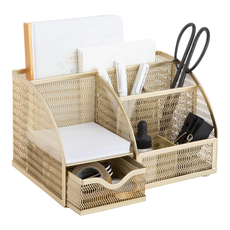 Blu Monaco Gold Desk Organizer with Drawer - Gold Desk Accessories Small Desk Organizer Gold Pencil Holder for Desk Gold Office Accessories - Gold Desk Organizers and Accessories Gold Desk Caddy for Women Office - Image 1