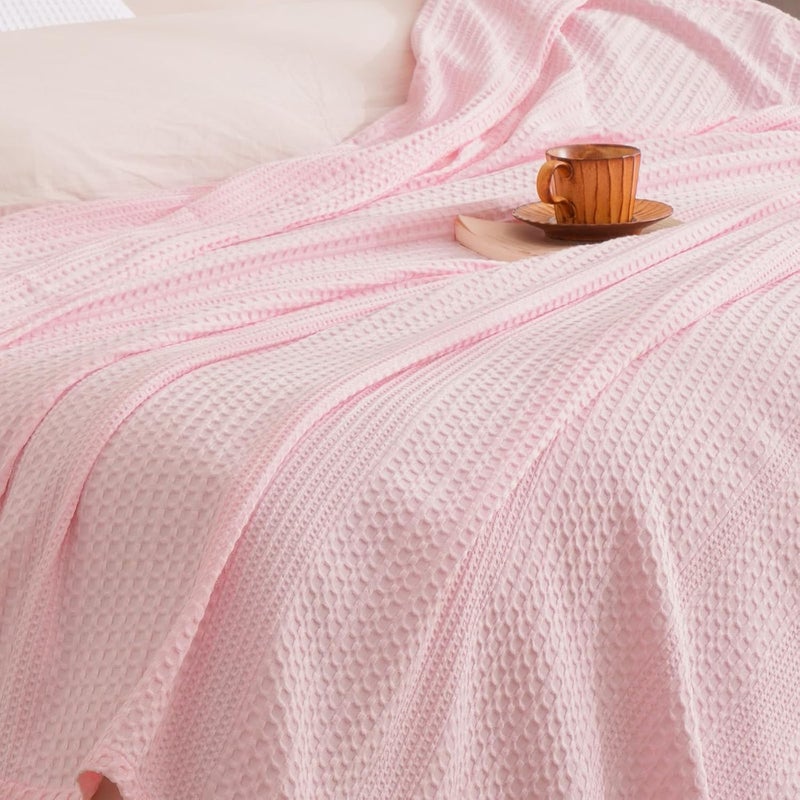 David's Home Home Cozy Waffle Weave Throw Blanket, Ultra Soft Breathable Lightweight Skin-Friendly Throw for Summer, Elegant Room Decor for Couch Bed Sofa Car Travel, Pink - Image 1
