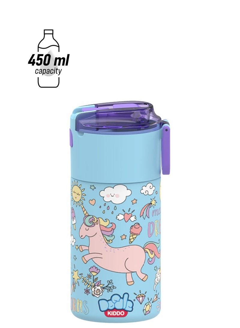 Doodle Kiddo Unicorn Stainless Steel Insulated Water Bottle 450ml - Leak-Proof, Drop-Resistant, Push Button, Carry Handle - Ideal for Back to School - Image 1