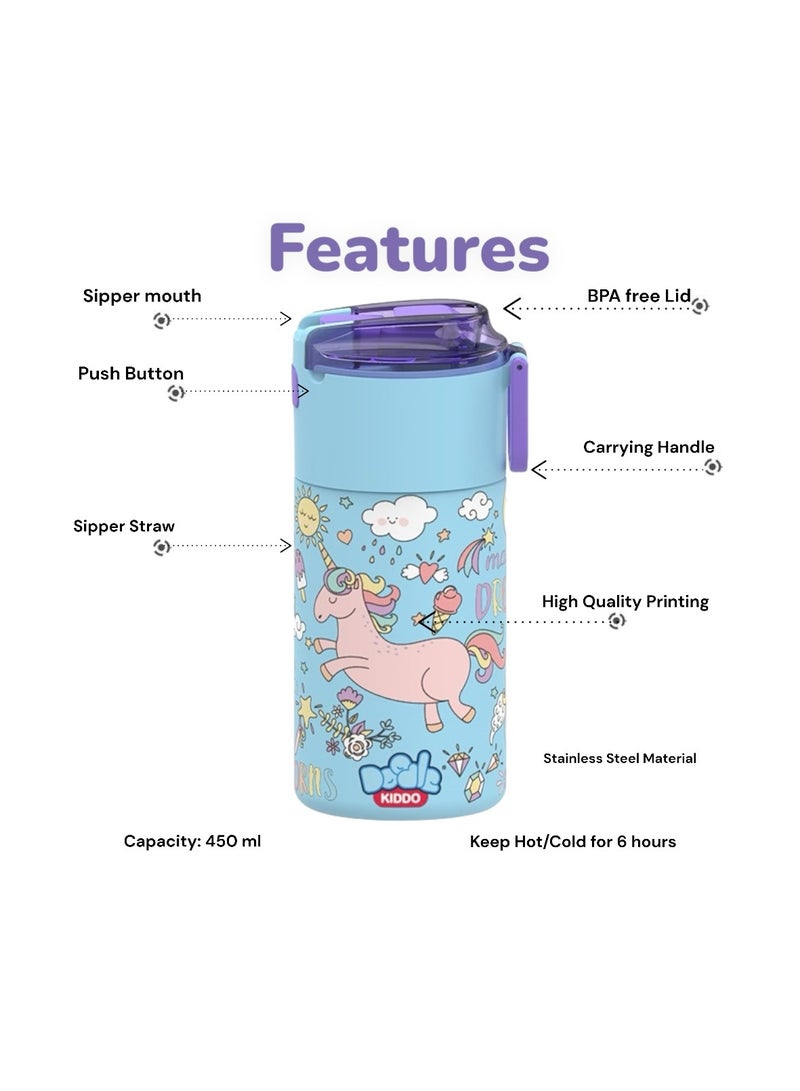 Doodle Kiddo Unicorn Stainless Steel Insulated Water Bottle 450ml - Leak-Proof, Drop-Resistant, Push Button, Carry Handle - Ideal for Back to School - Image 2