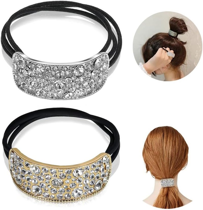 Rhinestone Hair Ties 2 Pcs Glitter Gold Silver Ponytail Holder Hair Cuffs Elastic Hair Tie Band for Women Girls Hair Accessories