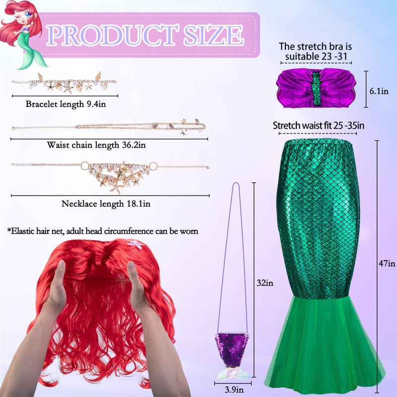 Wehhbtye 7 Pcs Halloween Mermaid Costume for Women Adult, Mermaid Tube Top Skirt Costume with Curly Wig and Sequin Purse, Shell Necklace Bracelet Waist Chain for Halloween Cosplay Dress Up Theme Party - Image 3