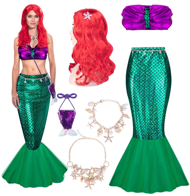 Wehhbtye 7 Pcs Halloween Mermaid Costume for Women Adult, Mermaid Tube Top Skirt Costume with Curly Wig and Sequin Purse, Shell Necklace Bracelet Waist Chain for Halloween Cosplay Dress Up Theme Party - Image 1