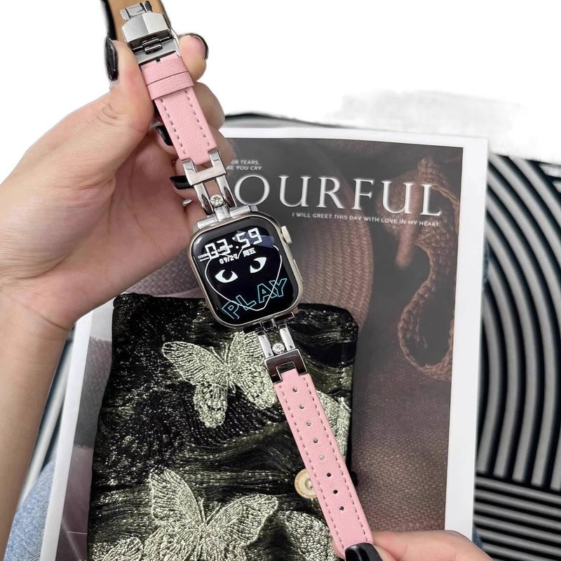 سوار ساعة ذكية سوار جلدي كلاسيكي متوافق مع Apple Watch 38/40/41/42/44/45/49mm بملاءمة قابلة للتعديل وحزام بديل باللون وردي قابل للتعديل - Image 1