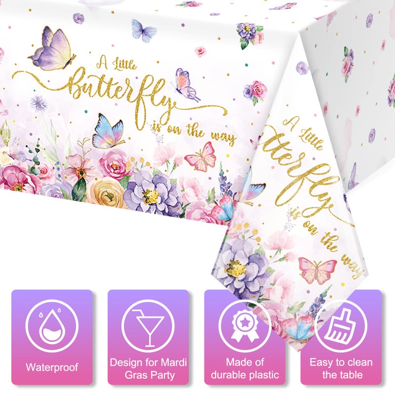 FunnyPars 3 Pack Butterfly Baby Shower Tablecloth, Little Butterfly is On The Way Baby Shower Decorations, Plastic Disposable Rectangle Watercolor Spring Themed Tablecloth Backdrop Party Decorations - Image 3