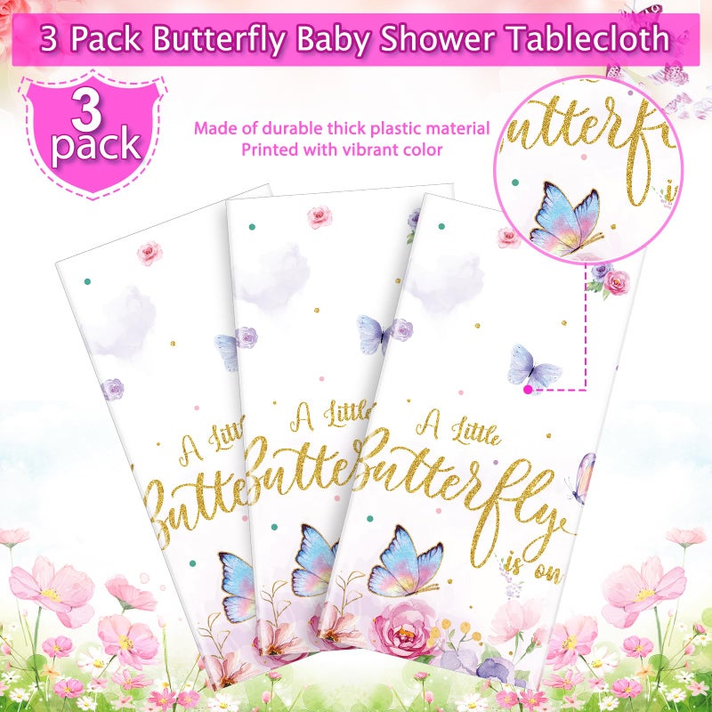 FunnyPars 3 Pack Butterfly Baby Shower Tablecloth, Little Butterfly is On The Way Baby Shower Decorations, Plastic Disposable Rectangle Watercolor Spring Themed Tablecloth Backdrop Party Decorations - Image 4