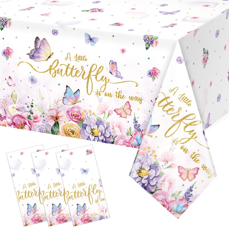 FunnyPars 3 Pack Butterfly Baby Shower Tablecloth, Little Butterfly is On The Way Baby Shower Decorations, Plastic Disposable Rectangle Watercolor Spring Themed Tablecloth Backdrop Party Decorations - Image 1
