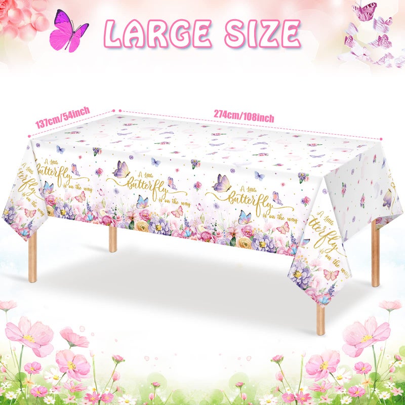 FunnyPars 3 Pack Butterfly Baby Shower Tablecloth, Little Butterfly is On The Way Baby Shower Decorations, Plastic Disposable Rectangle Watercolor Spring Themed Tablecloth Backdrop Party Decorations - Image 2