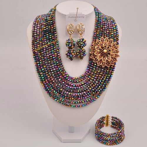 aczuv 10 Rows Classic Crystal Bridal Jewelry Sets Nigerian Wedding African Beads Jewelry Set (Multicolour Plated) - Image 2
