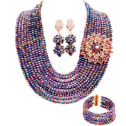 aczuv 10 Rows Classic Crystal Bridal Jewelry Sets Nigerian Wedding African Beads Jewelry Set (Multicolour Plated) - Image 5