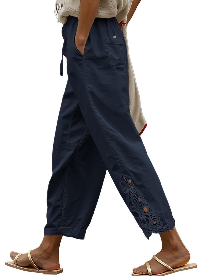 Jokeluck Women Casual Lightweight Drawstring Elastic Waist Cropped Linen Pants Fall Spring Slacks Capri Pants Trendy Fashion 2025 Beach Trousers with Pockets Blue Large - Image 1