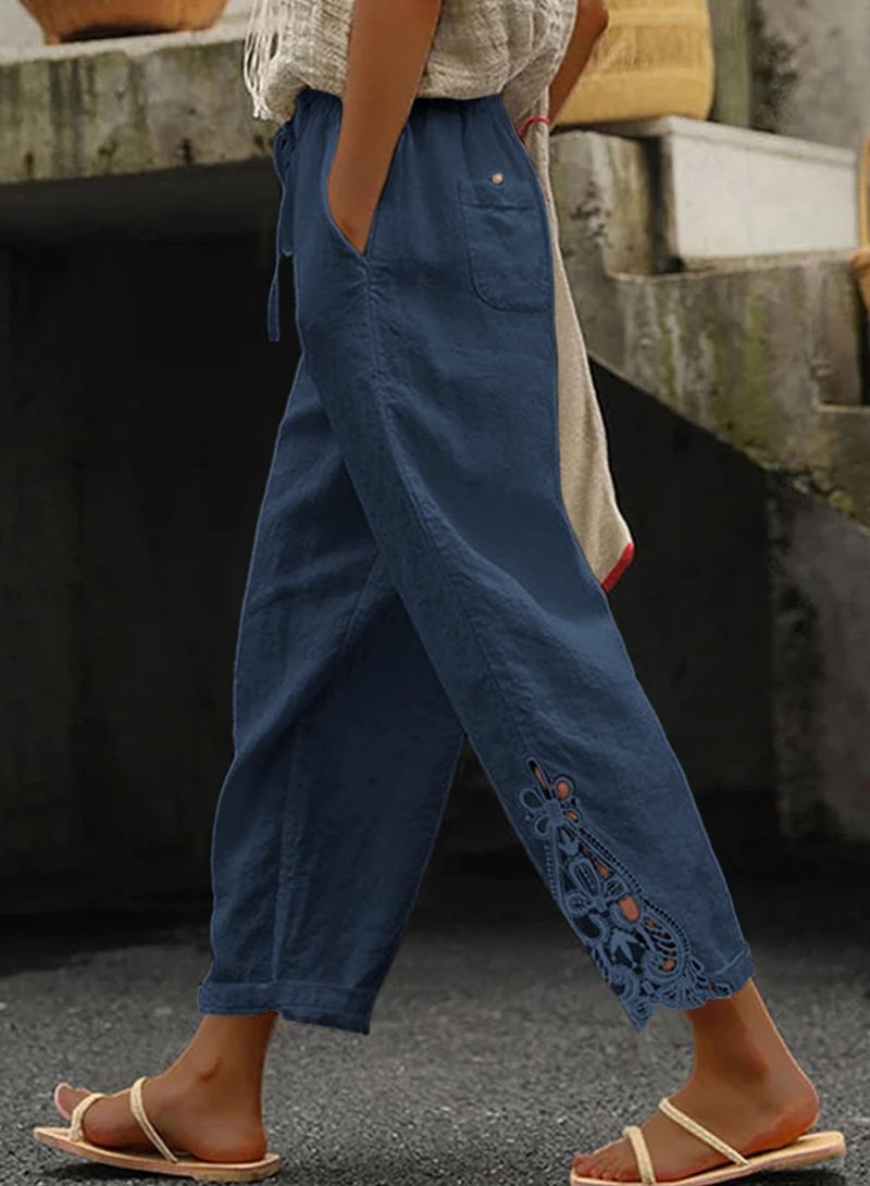 Jokeluck Women Casual Lightweight Drawstring Elastic Waist Cropped Linen Pants Fall Spring Slacks Capri Pants Trendy Fashion 2025 Beach Trousers with Pockets Blue Large - Image 2