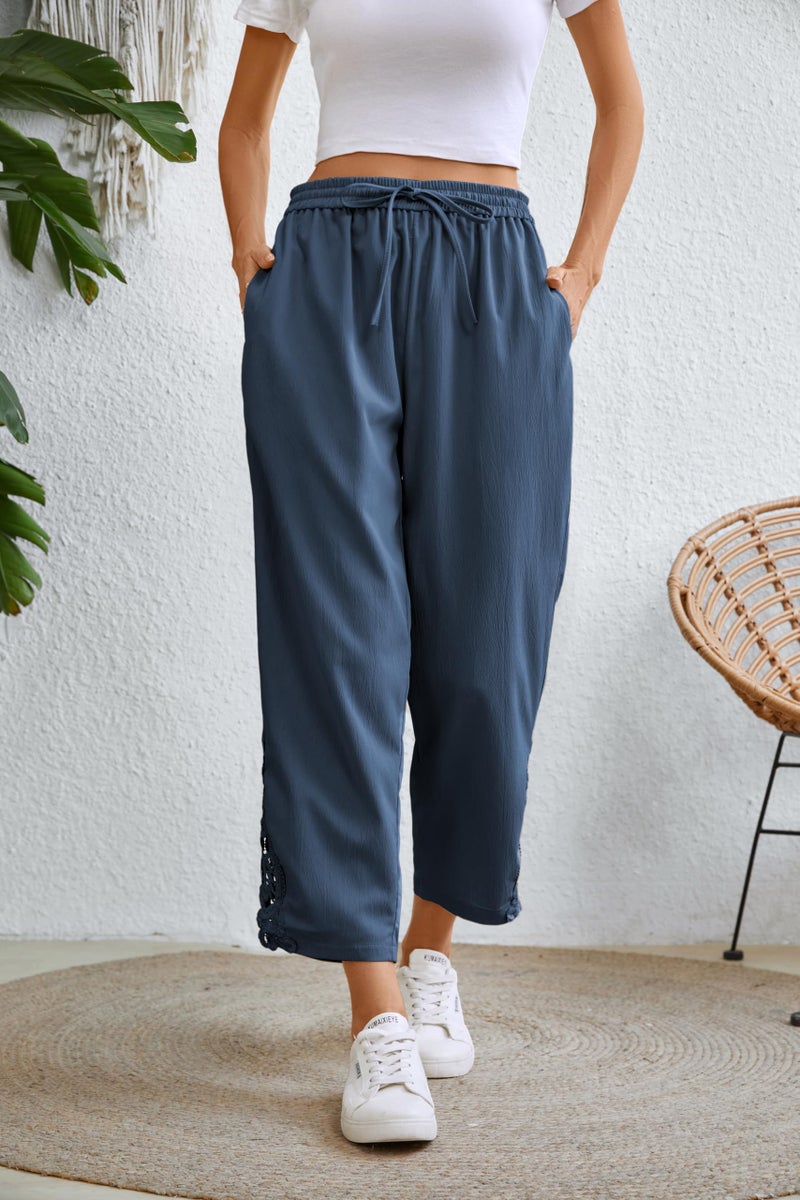 Jokeluck Women Casual Lightweight Drawstring Elastic Waist Cropped Linen Pants Fall Spring Slacks Capri Pants Trendy Fashion 2025 Beach Trousers with Pockets Blue Large - Image 4