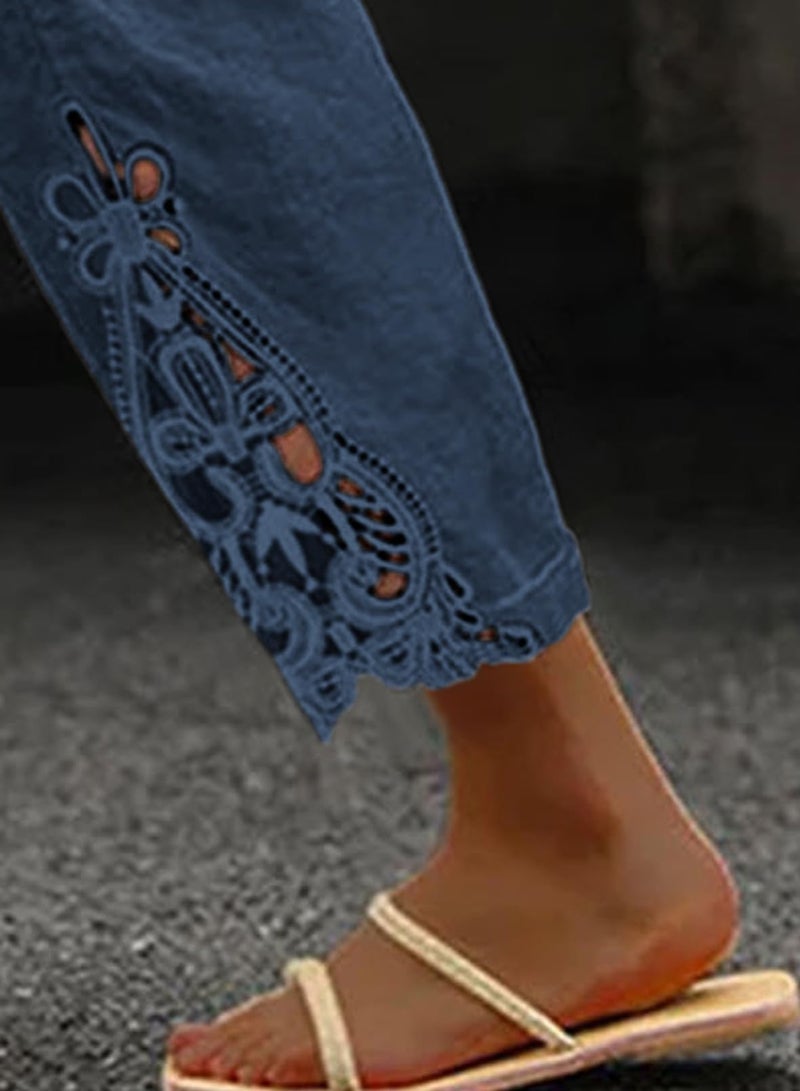 Jokeluck Women Casual Lightweight Drawstring Elastic Waist Cropped Linen Pants Fall Spring Slacks Capri Pants Trendy Fashion 2025 Beach Trousers with Pockets Blue Large - Image 3